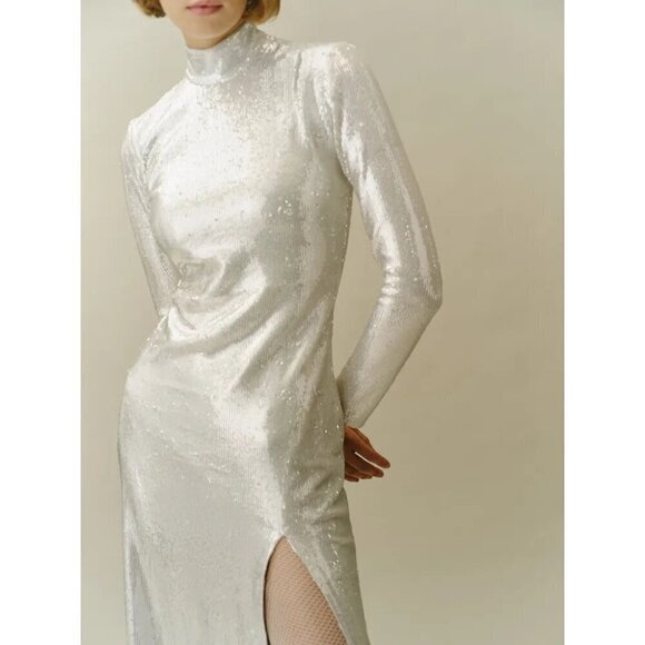 💕REFORMATION💕 Talicia Sequin Mock Neck Maxi Dress ~ Silver Sparkle 6 NWT - Picture 7 of 16